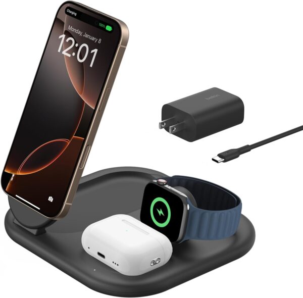 Belkin Cargador 3 en 1 MagSafe 15W Plegable para iPhone, Apple Watch y AirPods, Base Antideslizante | Amazon