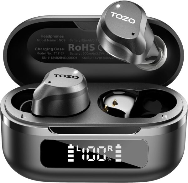 TOZO Audífonos Inalámbricos con Cancelación Activa de Ruido, 6 Micrófonos ENC, Bluetooth 5.3, Impermeables IPX8, Graves Potentes, 59H, LED Display y App EQ | Amazon