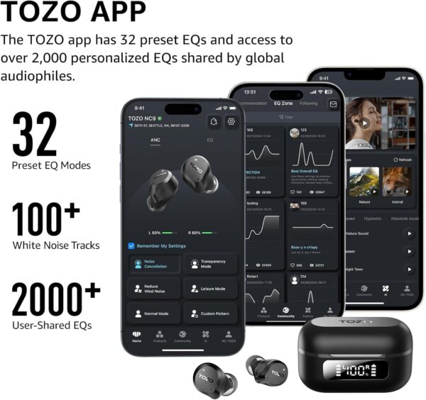 TOZO Audífonos Inalámbricos con Cancelación Activa de Ruido, 6 Micrófonos ENC, Bluetooth 5.3, Impermeables IPX8, Graves Potentes, 59H, LED Display y App EQ | Amazon - Imagen 8