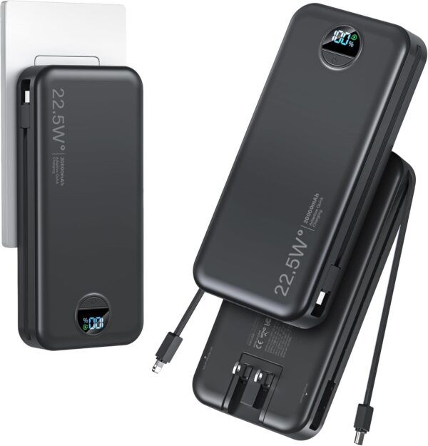 Power Bank Ultra Portátil 20000mAh con Cables Integrados y Enchufe, Carga Rápida PD20W USB-C, LED Display | Amazon