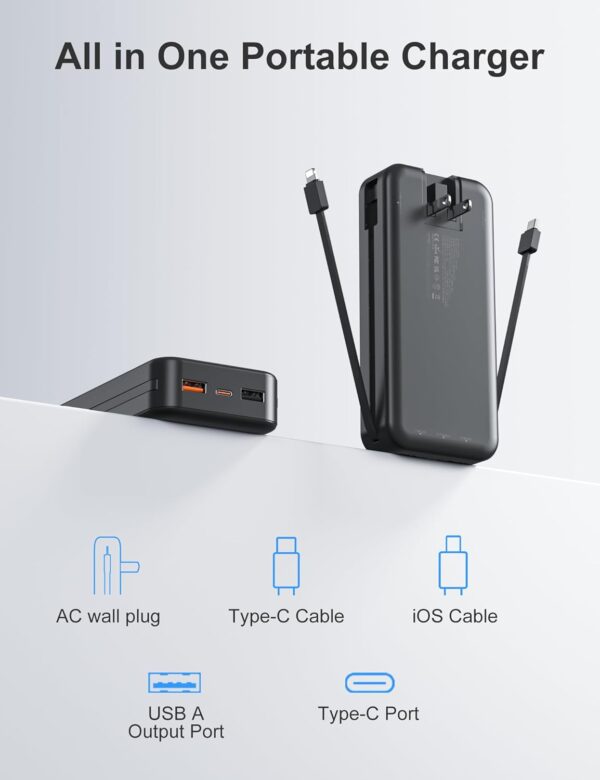 Power Bank Ultra Portátil 20000mAh con Cables Integrados y Enchufe, Carga Rápida PD20W USB-C, LED Display | Amazon - Imagen 8