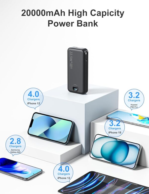 Power Bank Ultra Portátil 20000mAh con Cables Integrados y Enchufe, Carga Rápida PD20W USB-C, LED Display | Amazon - Imagen 4