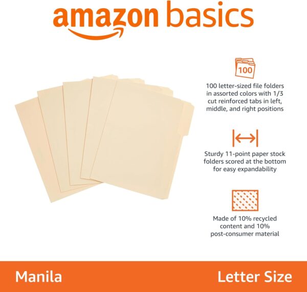 Amazon Basics 1/3-Cut Tab File Folders, Letter Size, Manila – Pack of 100 - Imagen 5