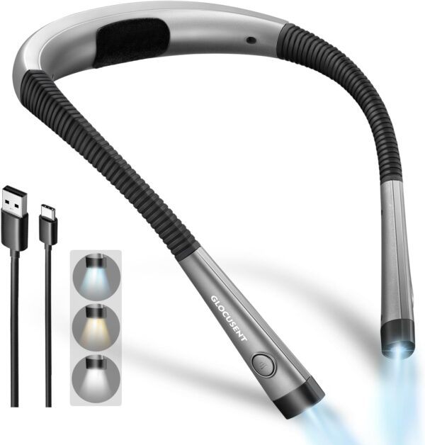 Glocusent Book Light, 3-Color & 6-Brightness Reading Lamp, Rechargeable Bendable Neck Light, 80-Hour Battery