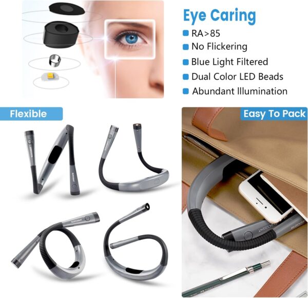 Glocusent Book Light, 3-Color & 6-Brightness Reading Lamp, Rechargeable Bendable Neck Light, 80-Hour Battery - Imagen 3