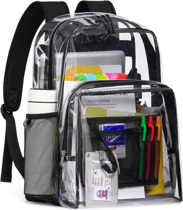 Clear Backpack for School – 17” Heavy Duty Transparent Bookbag, Black