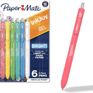 Pack de 6 plumas Paper Mate InkJoy Bright Gel 0.7 mm con tinta opaca de colores brillantes y grip cómodo para escritura suave y sin manchas.