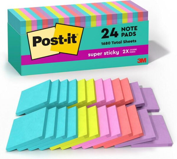 Post-it Super Sticky Notes, 3 x 3 in., 24 Pads, Supernova Neons Collection