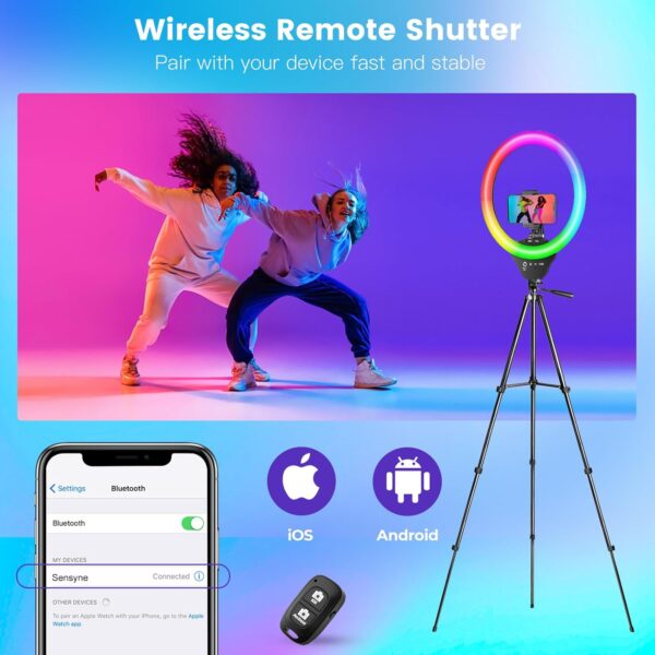 💡 Aro de Luz RGB 10" con Trípode Extensible de 50" y Soporte para Teléfono – Sensyne, Ideal para Streaming, Maquillaje y Videos en TikTok/YouTube - Imagen 3