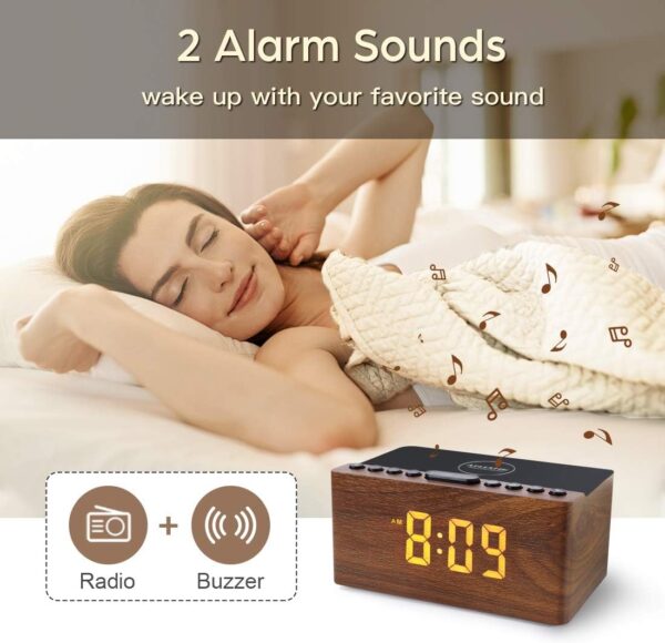 Reloj Despertador LED con Radio FM y Cargador Inalámbrico – Estilo madera | ✅AndreaSugiere - Imagen 4